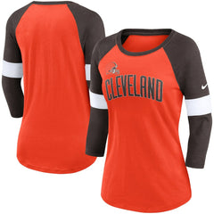 Cleveland Browns Women's Football Pride Slub 3/4 Raglan Sleeve T-Shirt - Heathered Orange/Brown for sale