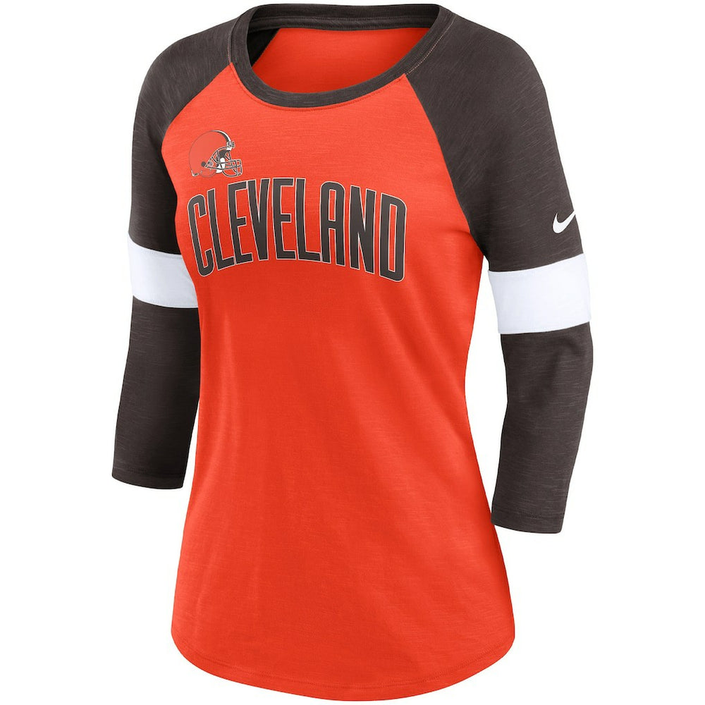 Cleveland Browns Women's Football Pride Slub 3/4 Raglan Sleeve T-Shirt - Heathered Orange/Brown for sale