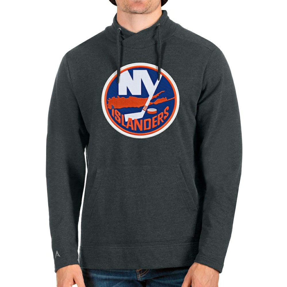 New York Islanders Antigua Reward Crossover Neckline Pullover Sweatshirt - Heathered Charcoal Sweatshirts