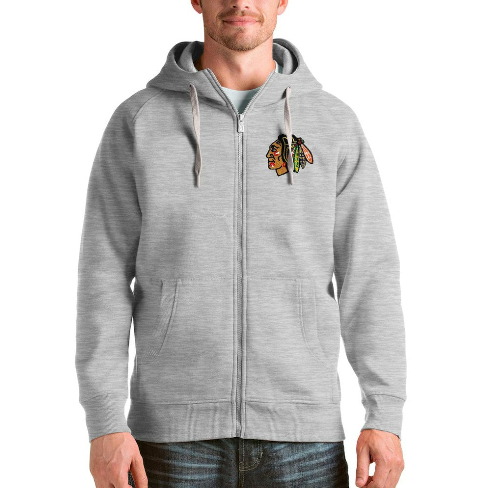 Chicago Blackhawks Antigua Logo Victory Full-Zip Hoodie - Heathered Gray Hoodies