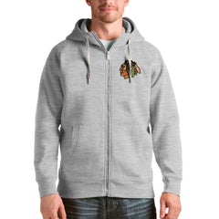 Chicago Blackhawks Antigua Logo Victory Full-Zip Hoodie - Heathered Gray Hoodies