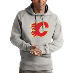 Calgary Flames Antigua Logo Victory Pullover Hoodie - Heathered Gray Hoodies