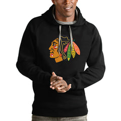 Chicago Blackhawks Antigua Logo Victory Pullover Hoodie - Black Hoodies