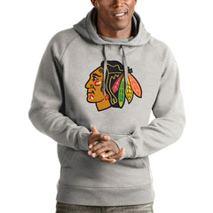 Chicago Blackhawks Antigua Logo Victory Pullover Hoodie - Heathered Gray Hoodies