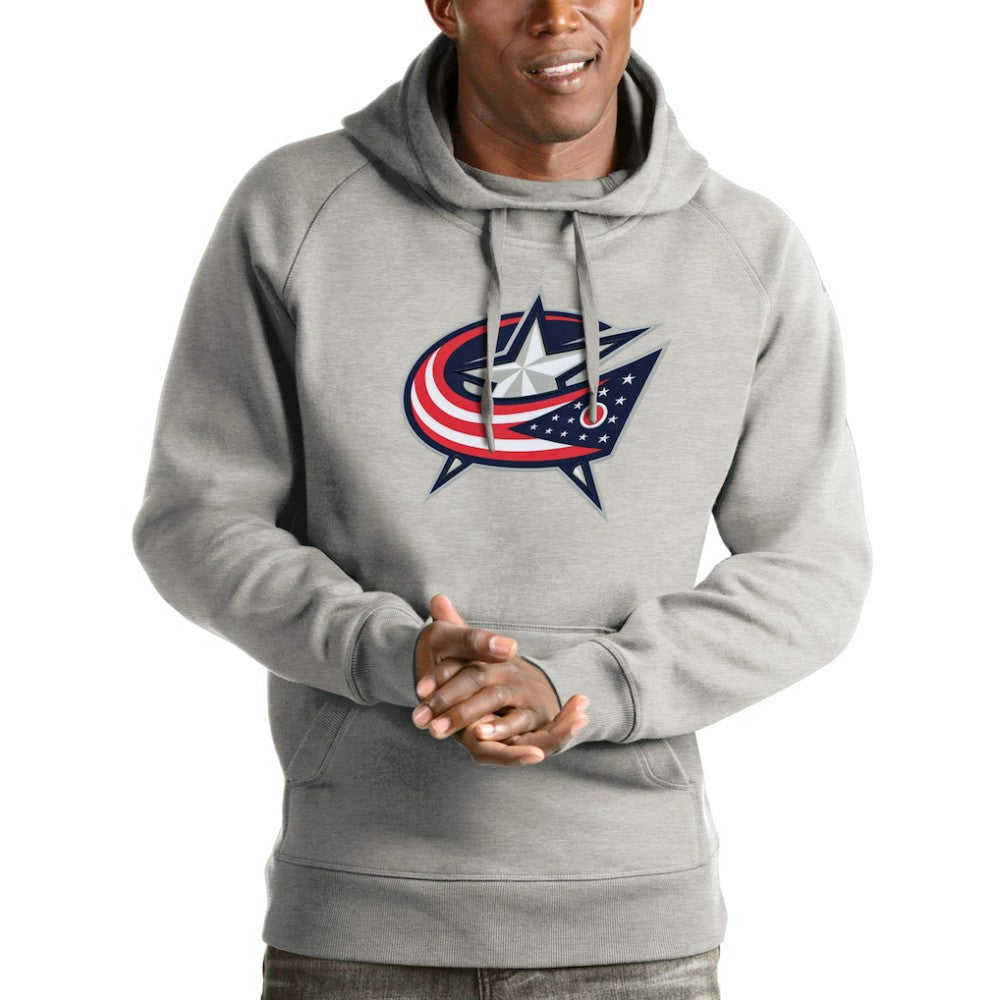 Columbus Blue Jackets Antigua Logo Victory Pullover Hoodie - Heathered Gray Hoodies