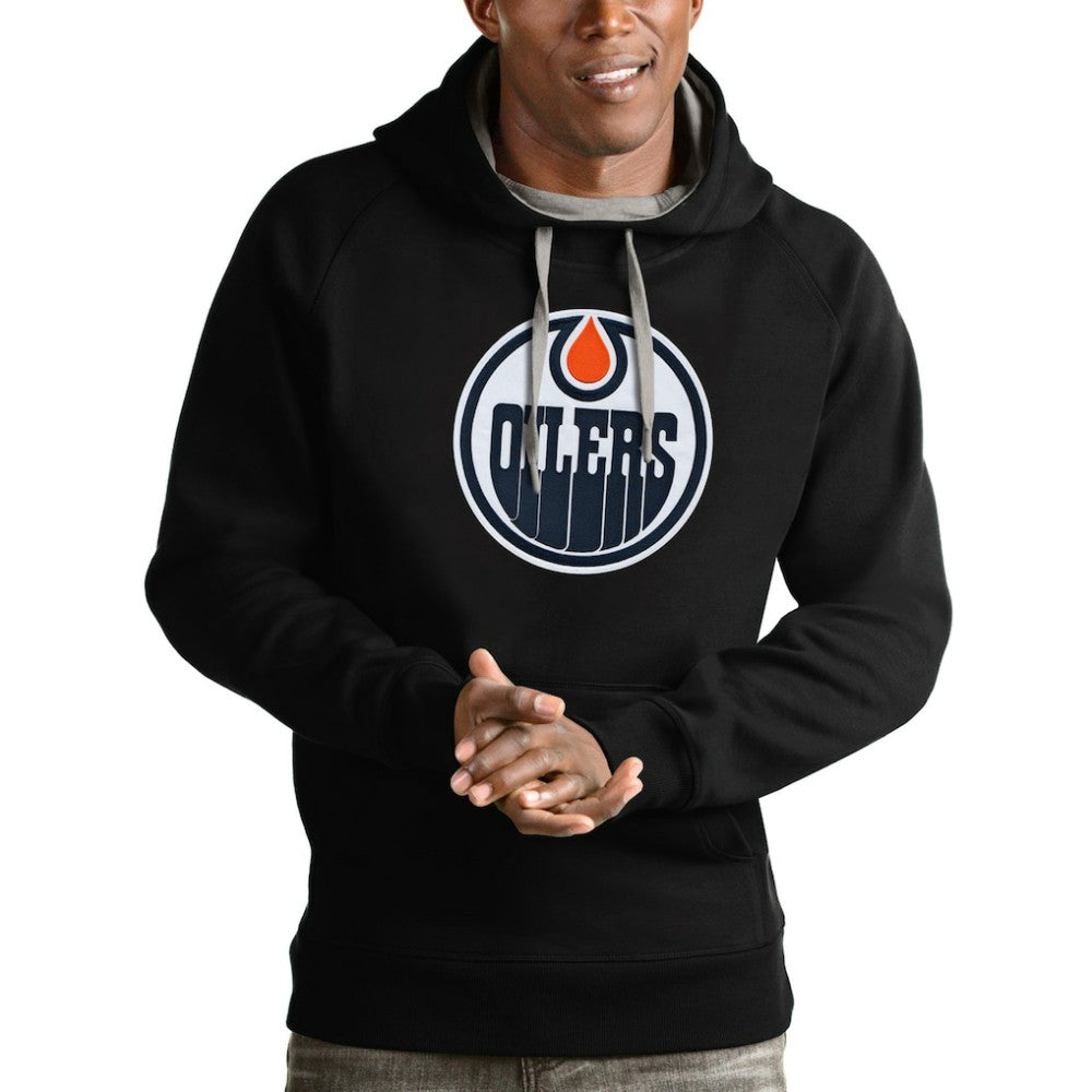 Edmonton Oilers Antigua Logo Victory Pullover Hoodie - Black Hoodies
