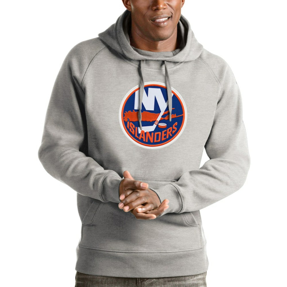 New York Islanders Antigua Logo Victory Pullover Hoodie - Heathered Gray Hoodies