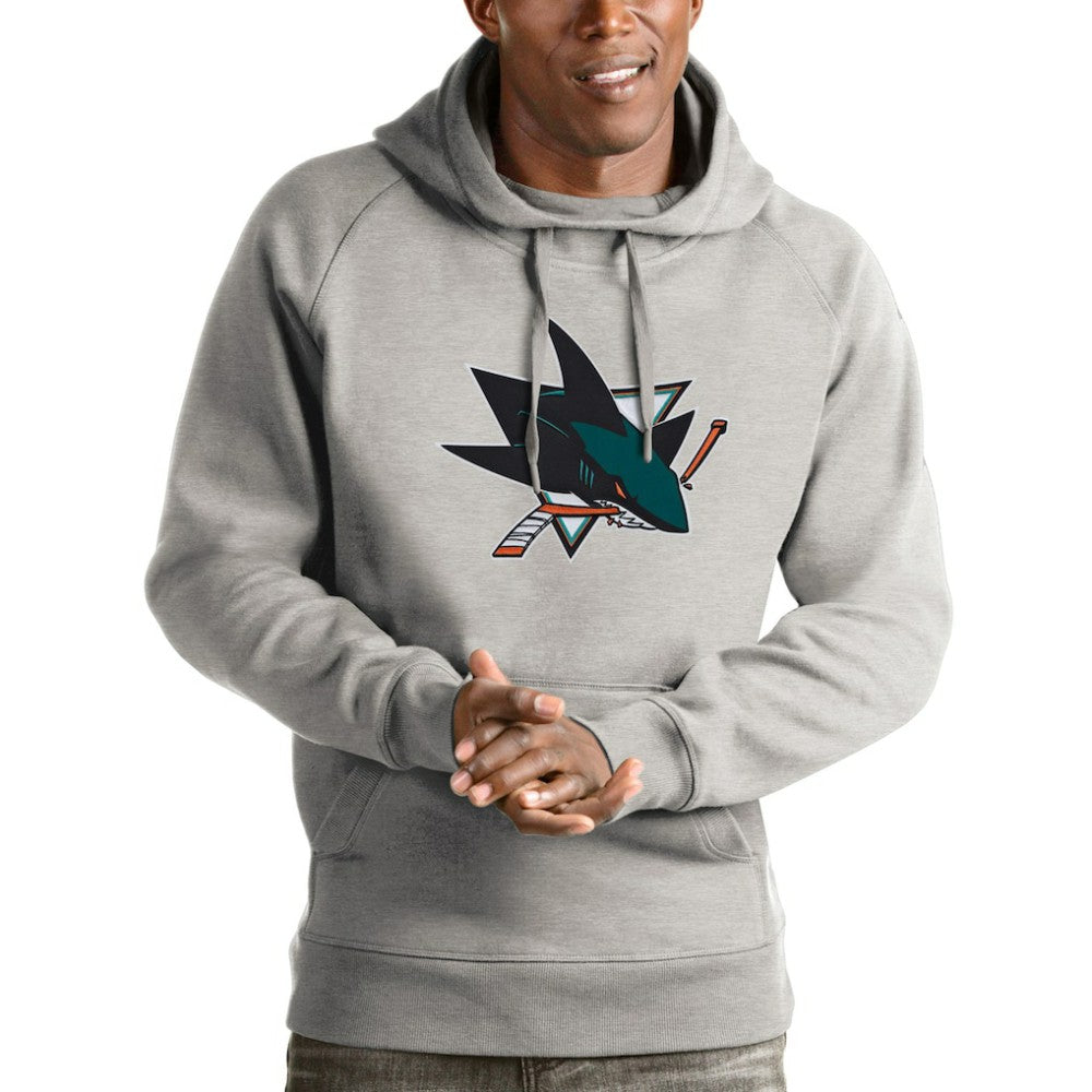 San Jose Sharks Antigua Logo Victory Pullover Hoodie - Heathered Gray Hoodies