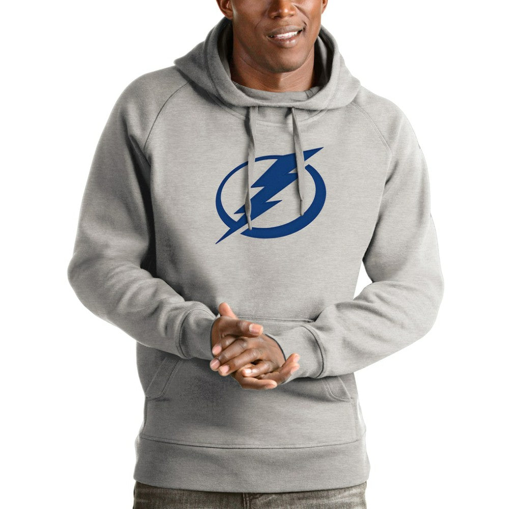 Tampa Bay Lightning Antigua Logo Victory Pullover Hoodie - Heathered Gray Hoodies