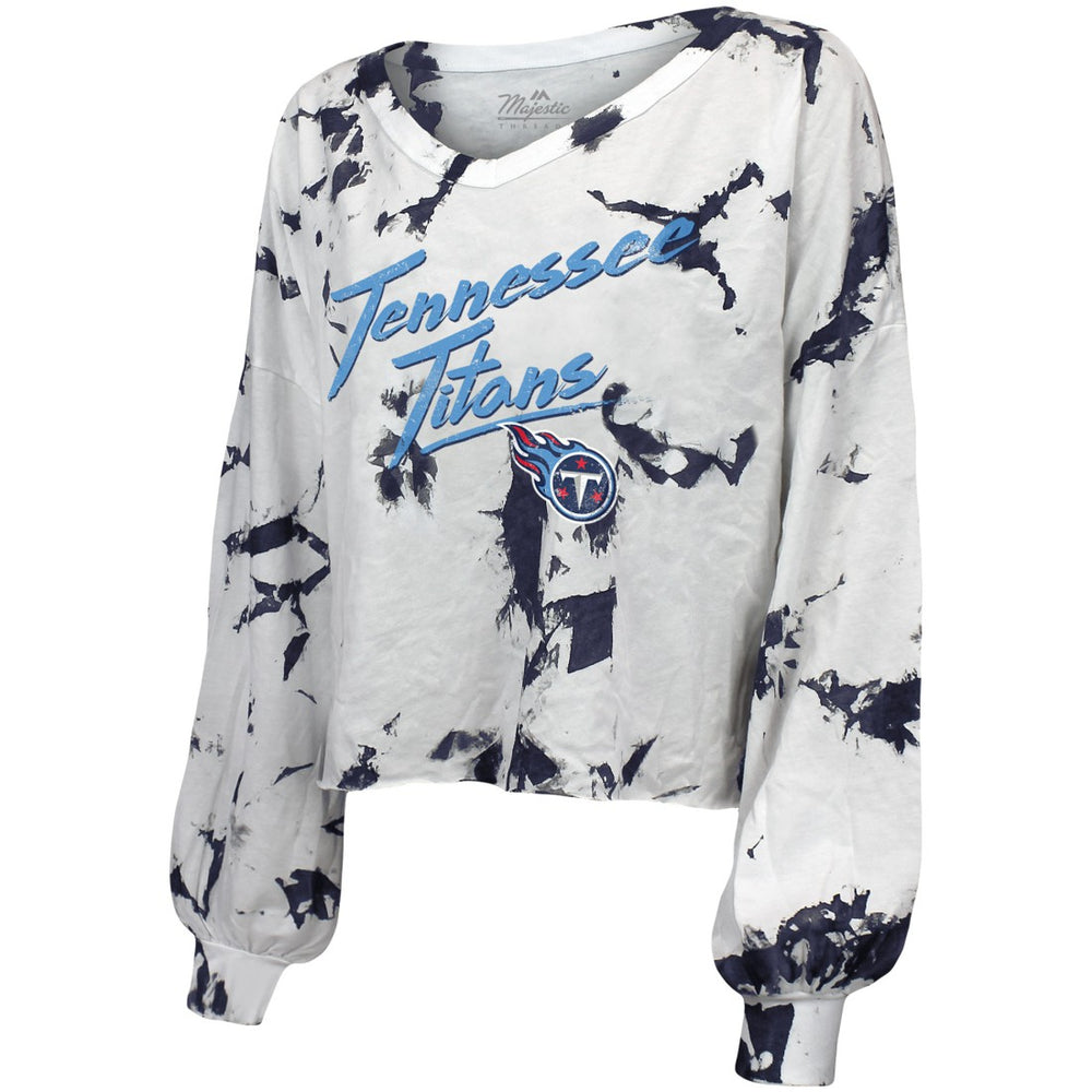 Tennessee Titans Majestic Threads Women's Off-Shoulder Tie-Dye V-Neck Long Sleeve T-Shirt - White/Navy on sale