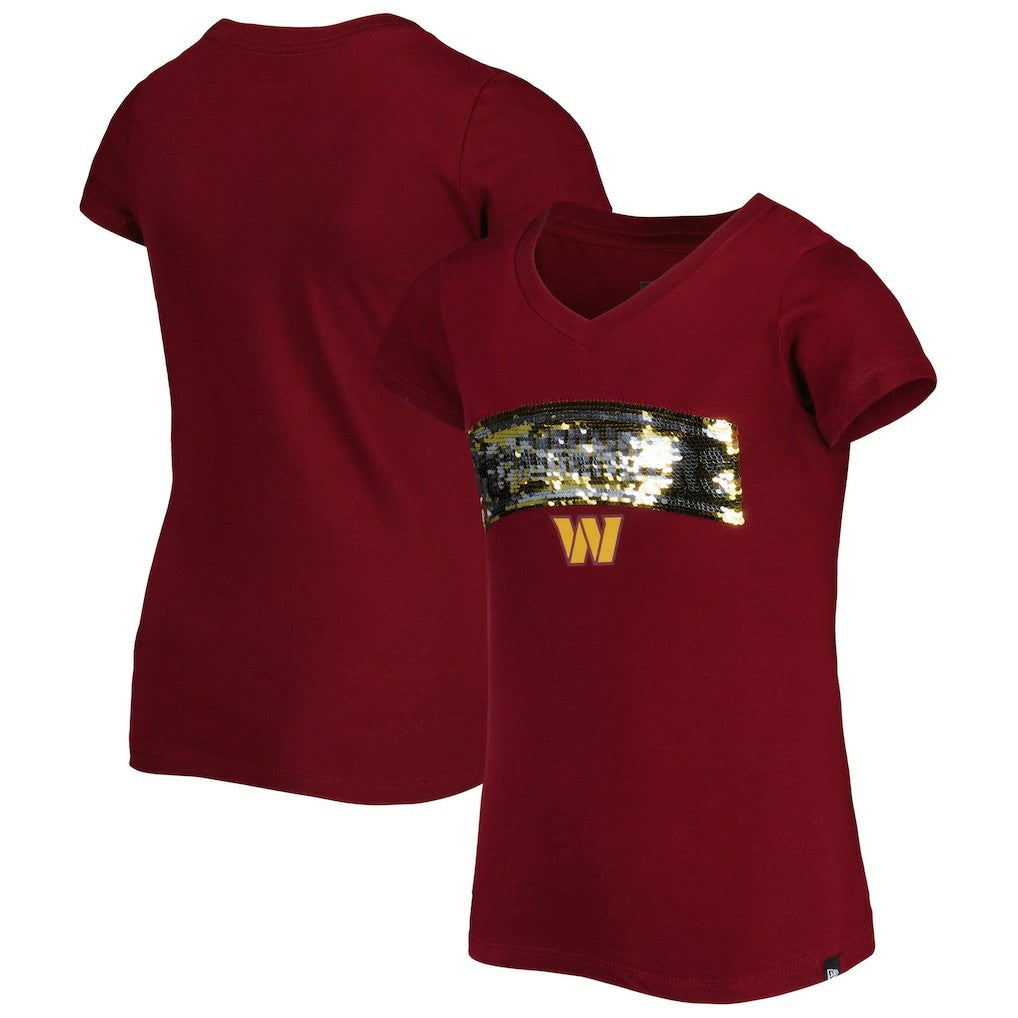 Washington Commanders New Era Girls Youth Reverse Sequin Wordmark V-Neck T-Shirt - Burgundy outlet