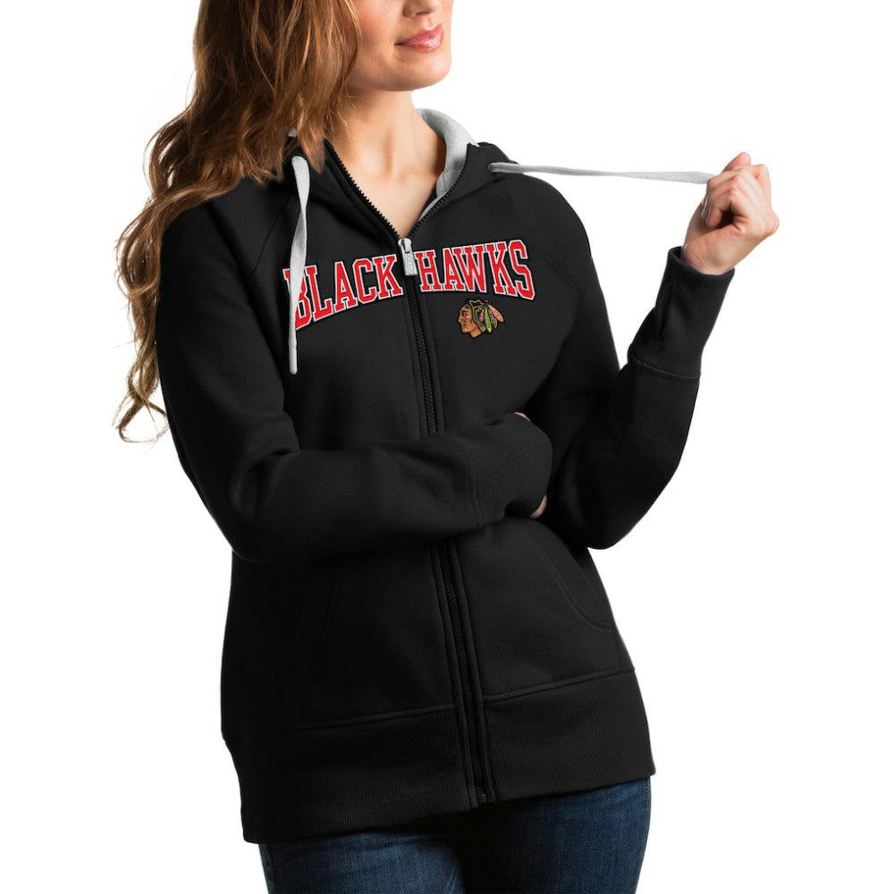 Chicago Blackhawks Antigua Women's Wordmark Victory Full-Zip Hoodie - Black Hoodies
