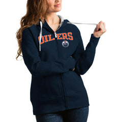 Edmonton Oilers Antigua Women's Wordmark Victory Full-Zip Hoodie - Navy Hoodies