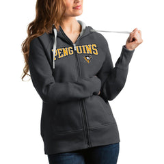 Pittsburgh Penguins Antigua Women's Wordmark Victory Full-Zip Hoodie - Charcoal Hoodies