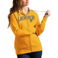 Pittsburgh Penguins Antigua Women's Wordmark Victory Full-Zip Hoodie - Gold Hoodies