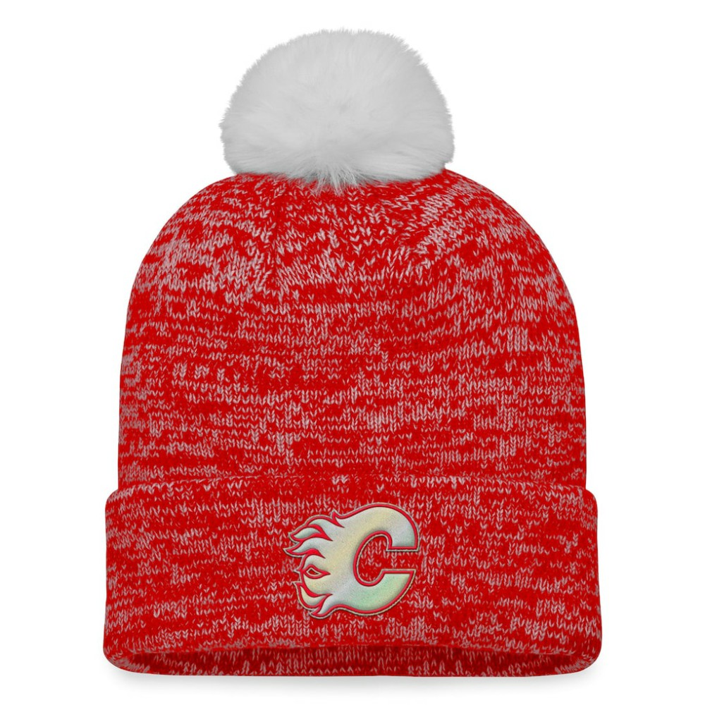 Calgary Flames Fanatics Women's Glimmer Cuffed Knit Hat with Pom - Red Hats