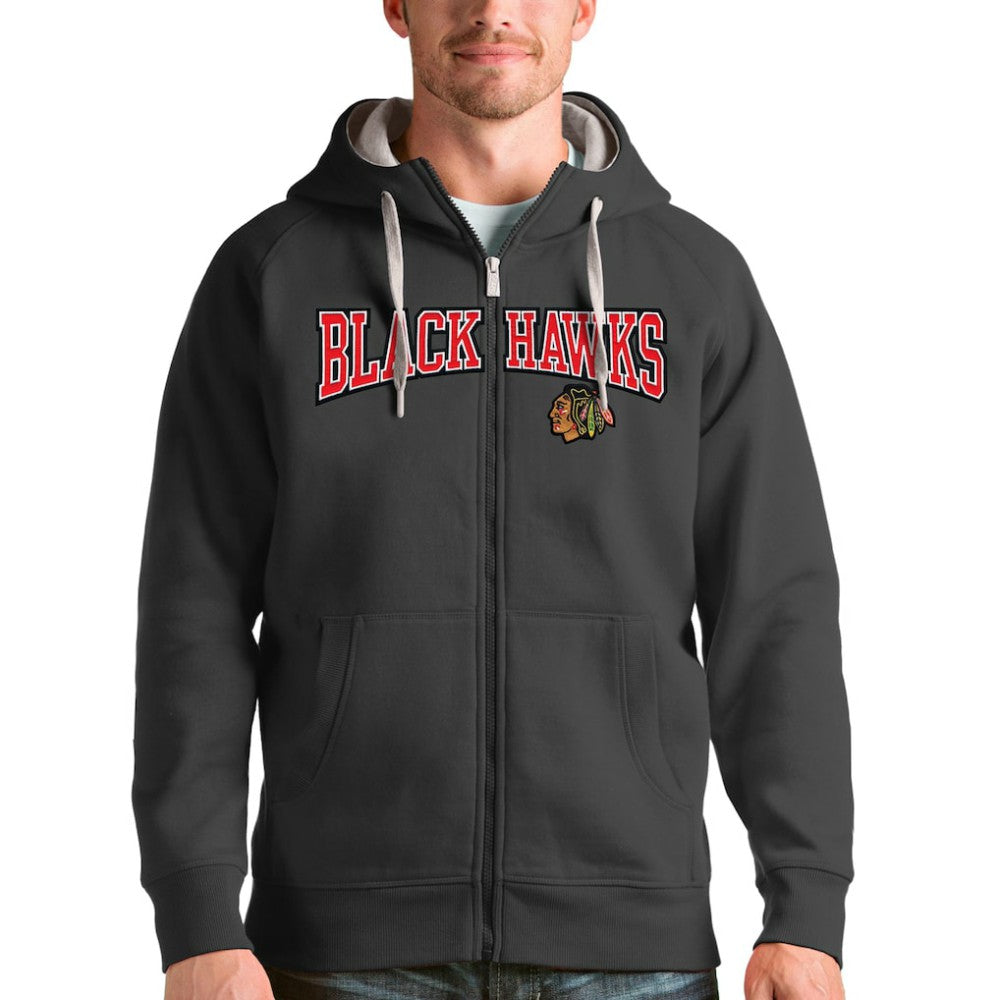 Chicago Blackhawks Antigua Wordmark Victory Full-Zip Hoodie - Charcoal Hoodies
