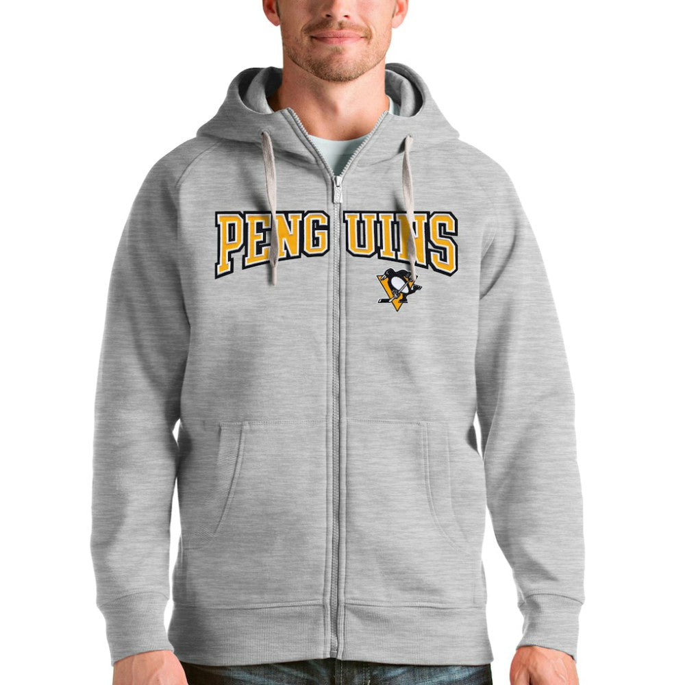Pittsburgh Penguins Antigua Wordmark Victory Full-Zip Hoodie - Heathered Gray Hoodies
