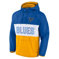 St. Louis Blues Fanatics Backhand Shooter Defender Anorak Raglan Hoodie Quarter-Zip Jacket - Blue/Gold Hoodies