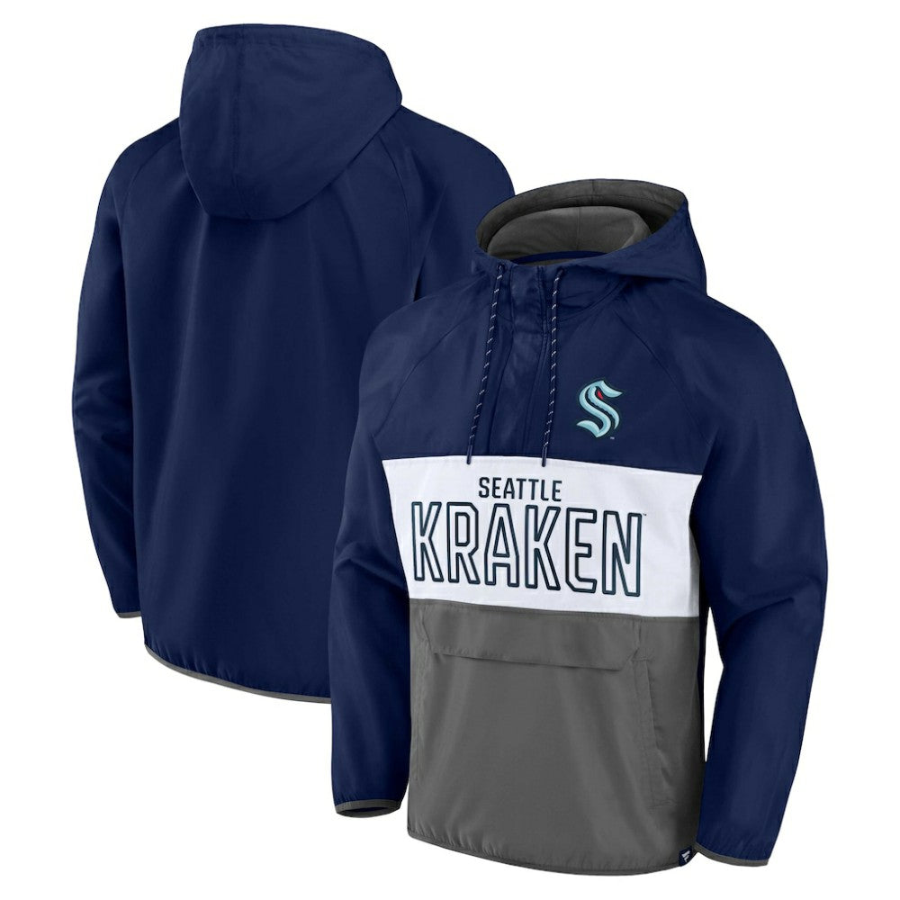 Seattle Kraken Fanatics Backhand Shooter Defender Anorak Raglan Hoodie Quarter-Zip Jacket - Deep Sea Blue/Gray Hoodies