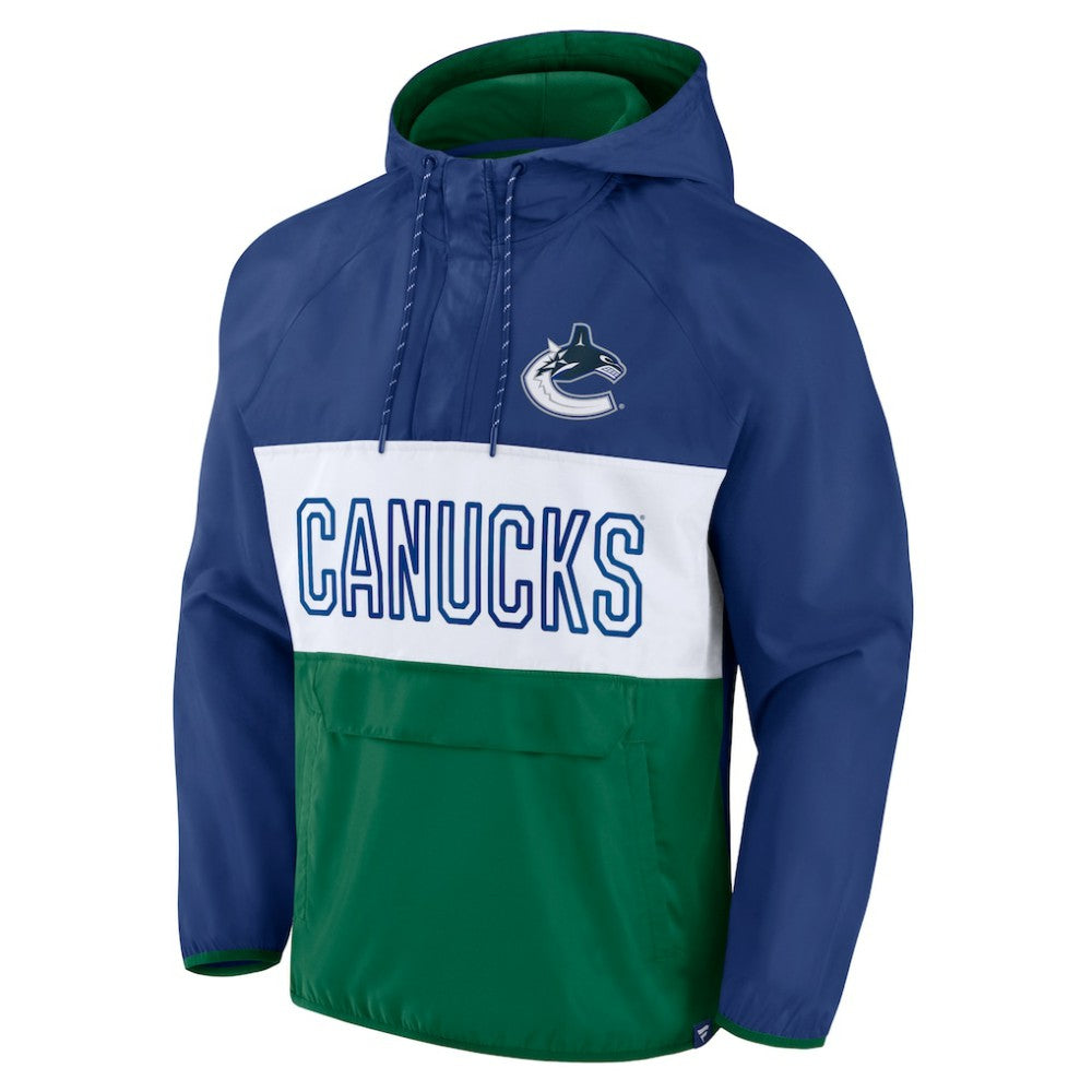Vancouver Canucks Fanatics Backhand Shooter Defender Anorak Raglan Hoodie Quarter-Zip Jacket - Blue/Green Hoodies