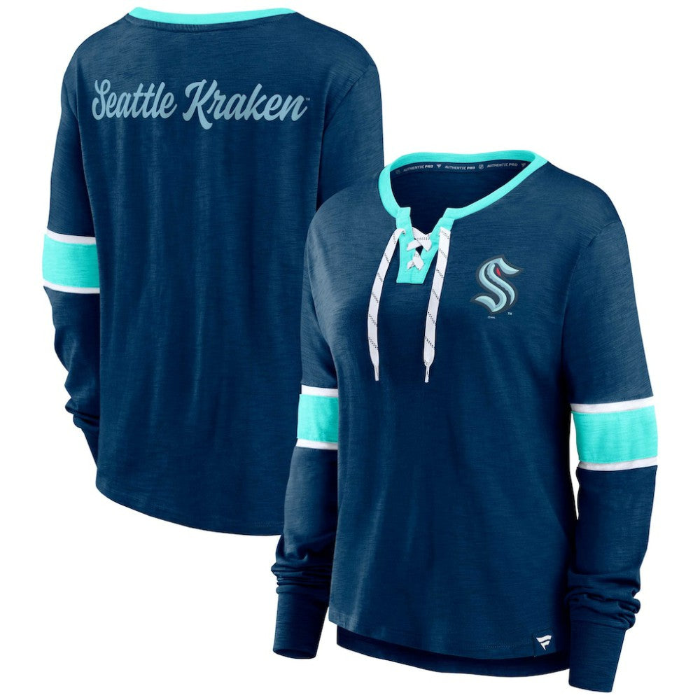 Seattle Kraken Fanatics Women's Effervescent Exclusive Notch Neck Lace-Up Long Sleeve Slub T-Shirt - Navy T-shirts