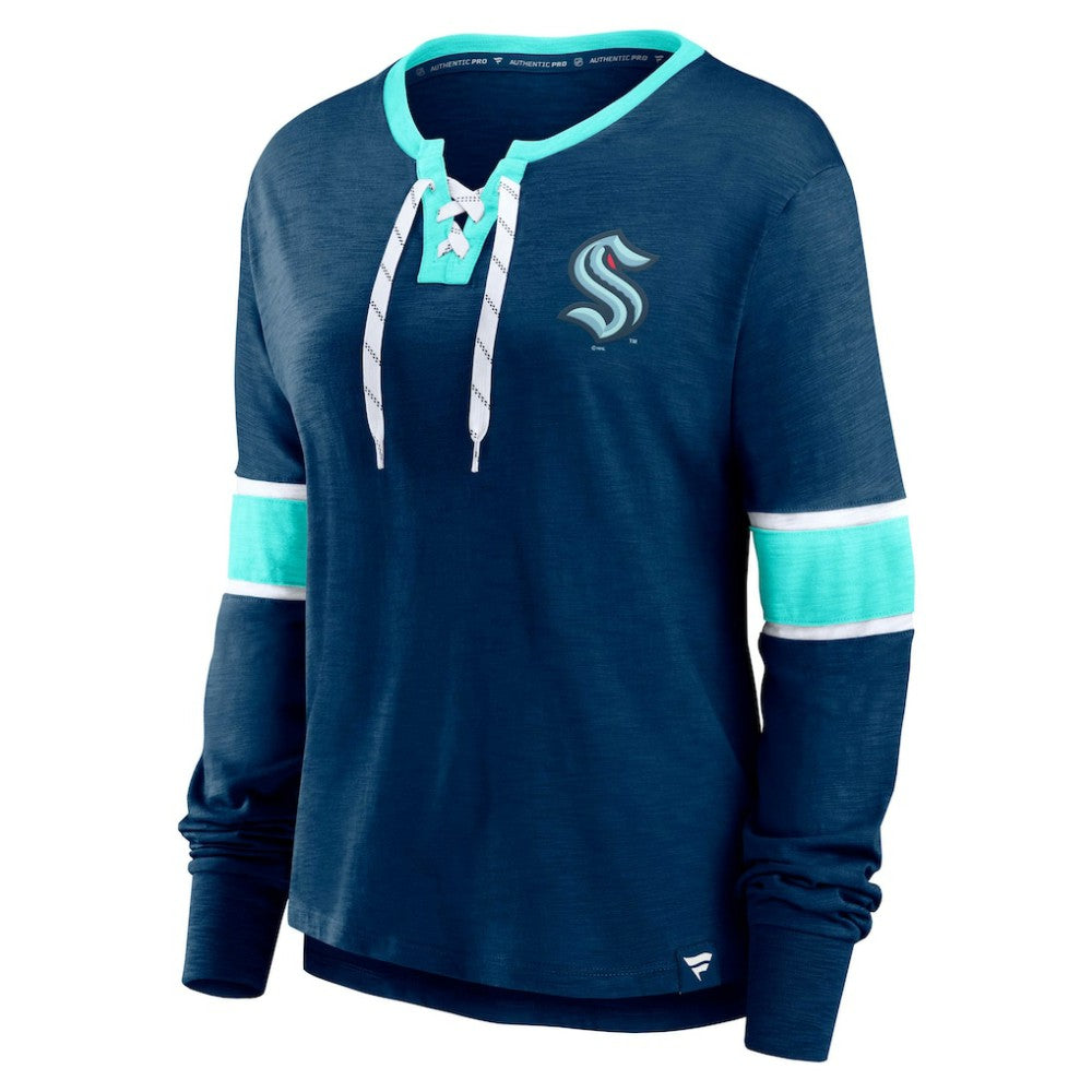 Seattle Kraken Fanatics Women's Effervescent Exclusive Notch Neck Lace-Up Long Sleeve Slub T-Shirt - Navy T-shirts