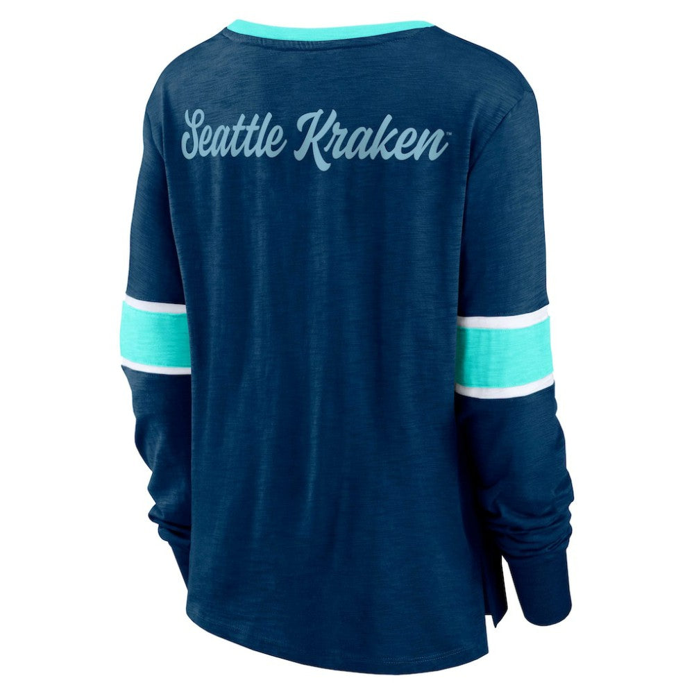 Seattle Kraken Fanatics Women's Effervescent Exclusive Notch Neck Lace-Up Long Sleeve Slub T-Shirt - Navy T-shirts