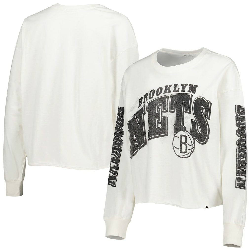 Brooklyn Nets '47 Women's Parkway Brush Back Long Sleeve Cropped T-Shirt - Cream outlet
