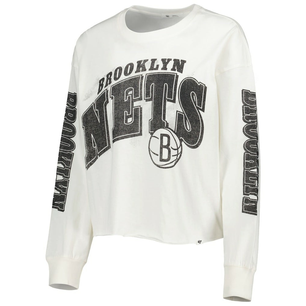 Brooklyn Nets '47 Women's Parkway Brush Back Long Sleeve Cropped T-Shirt - Cream outlet