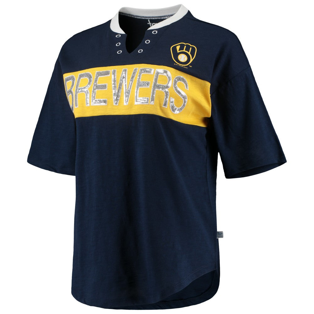 Milwaukee Brewers Touch Women's Lead Off Notch Neck T-Shirt Navy/Gold