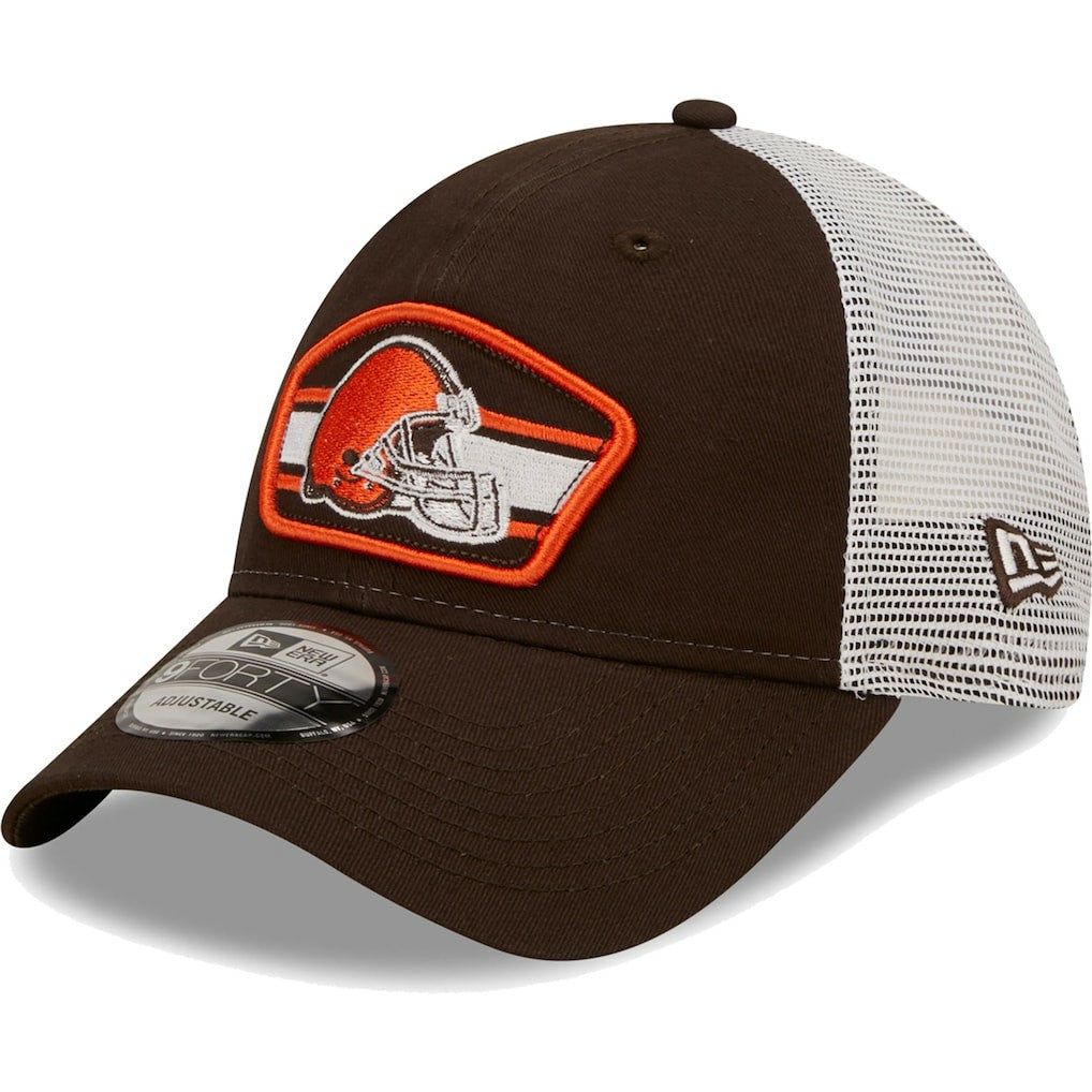 Cleveland Browns New Era Logo Patch Trucker 9FORTY Snapback Hat - Brown/White sale