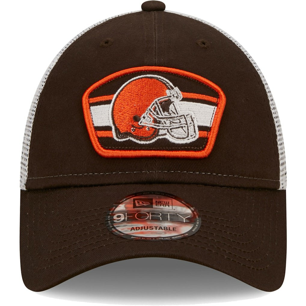 Cleveland Browns New Era Logo Patch Trucker 9FORTY Snapback Hat - Brown/White sale