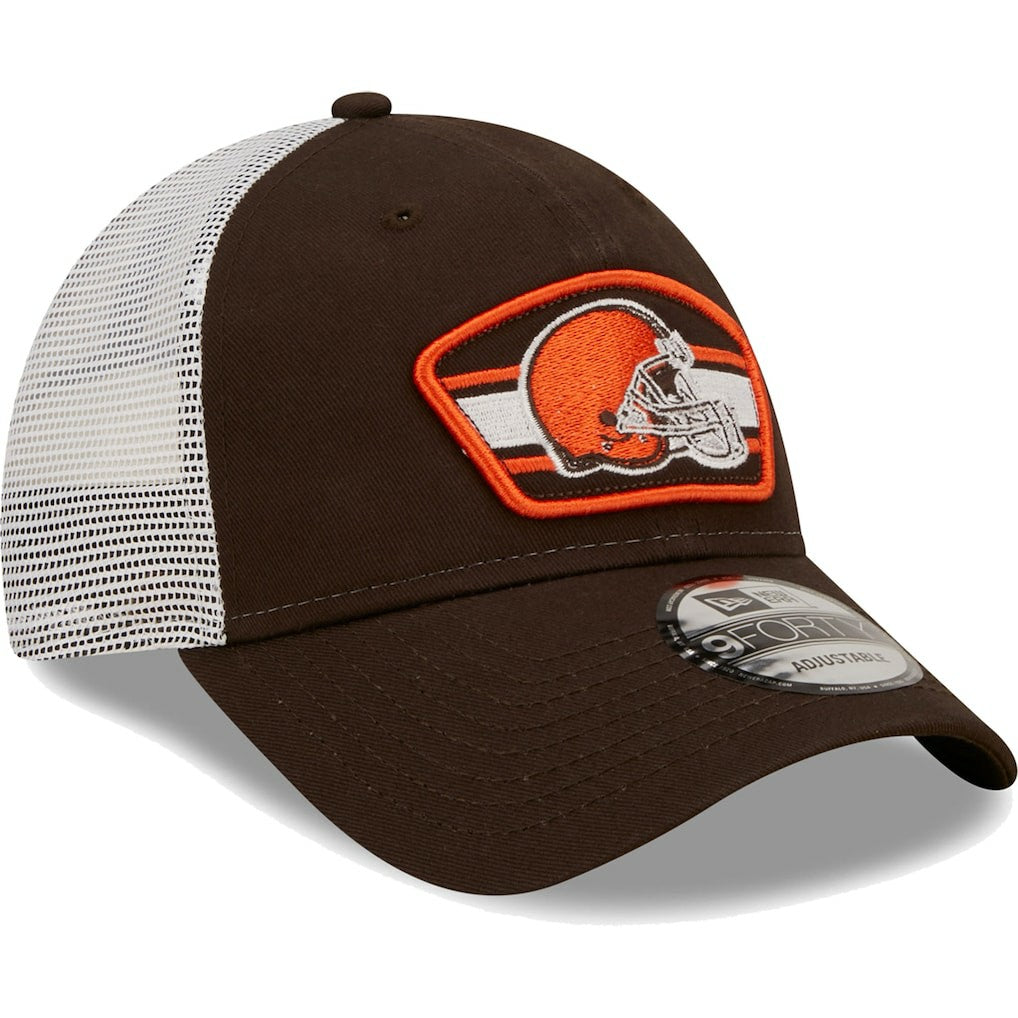 Cleveland Browns New Era Logo Patch Trucker 9FORTY Snapback Hat - Brown/White sale