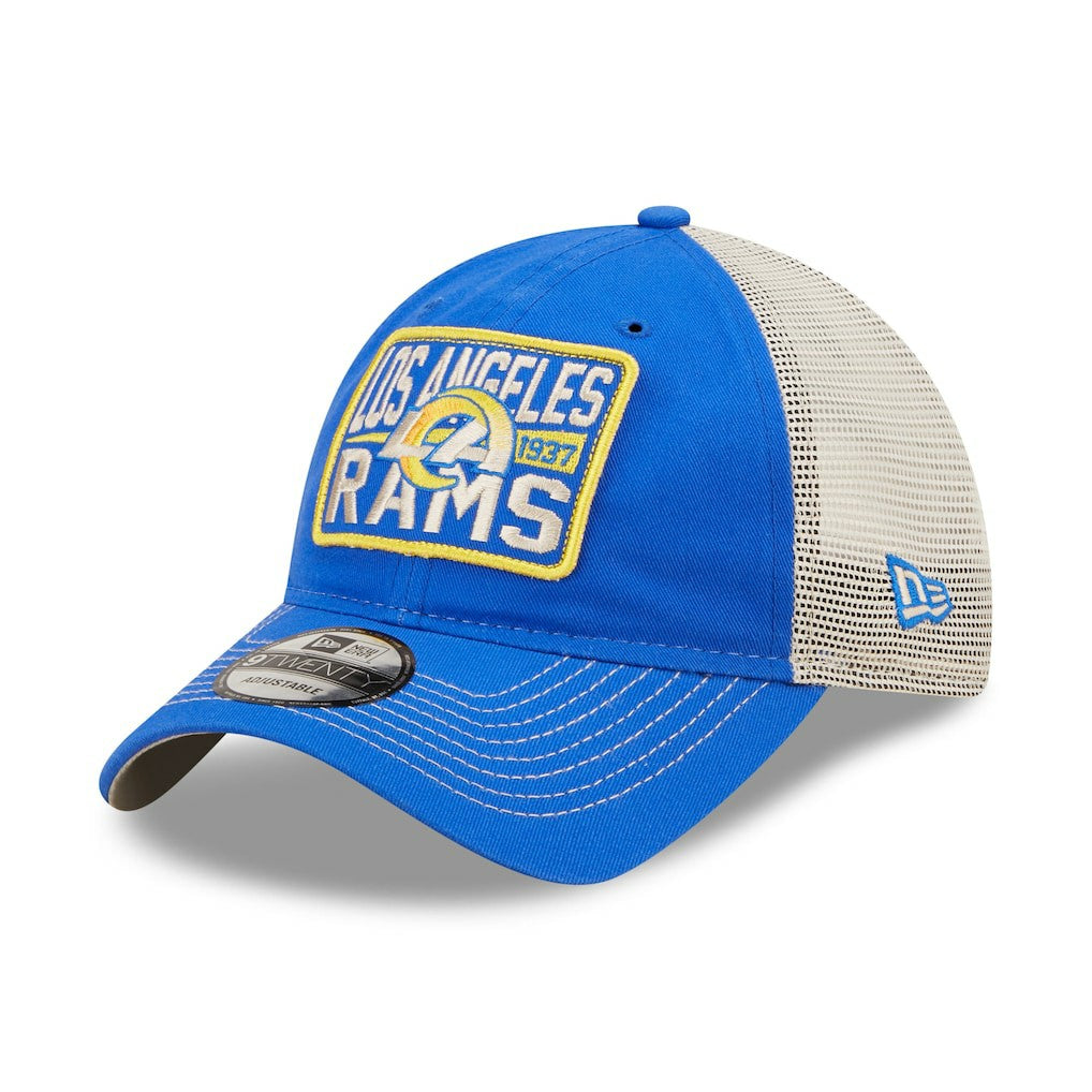 Los Angeles Rams New Era Devoted Trucker 9TWENTY Snapback Hat - Royal/Natural discount