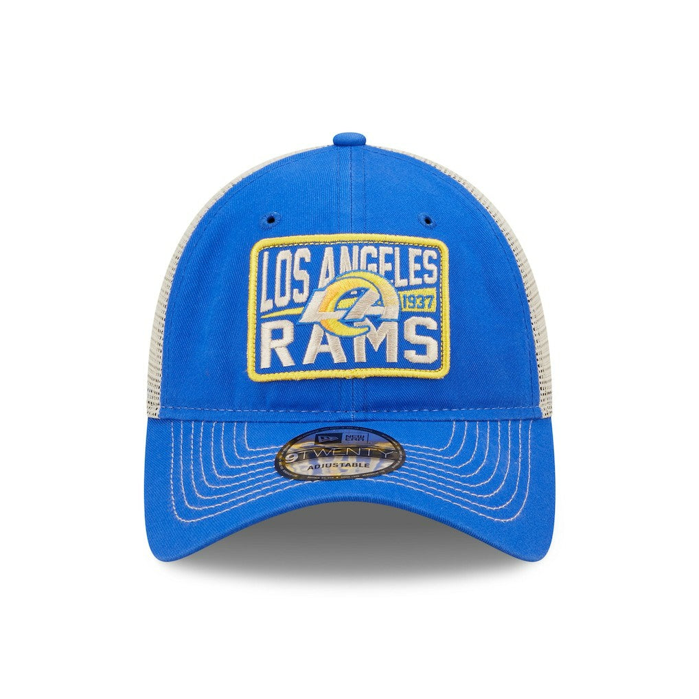 Los Angeles Rams New Era Devoted Trucker 9TWENTY Snapback Hat - Royal/Natural discount