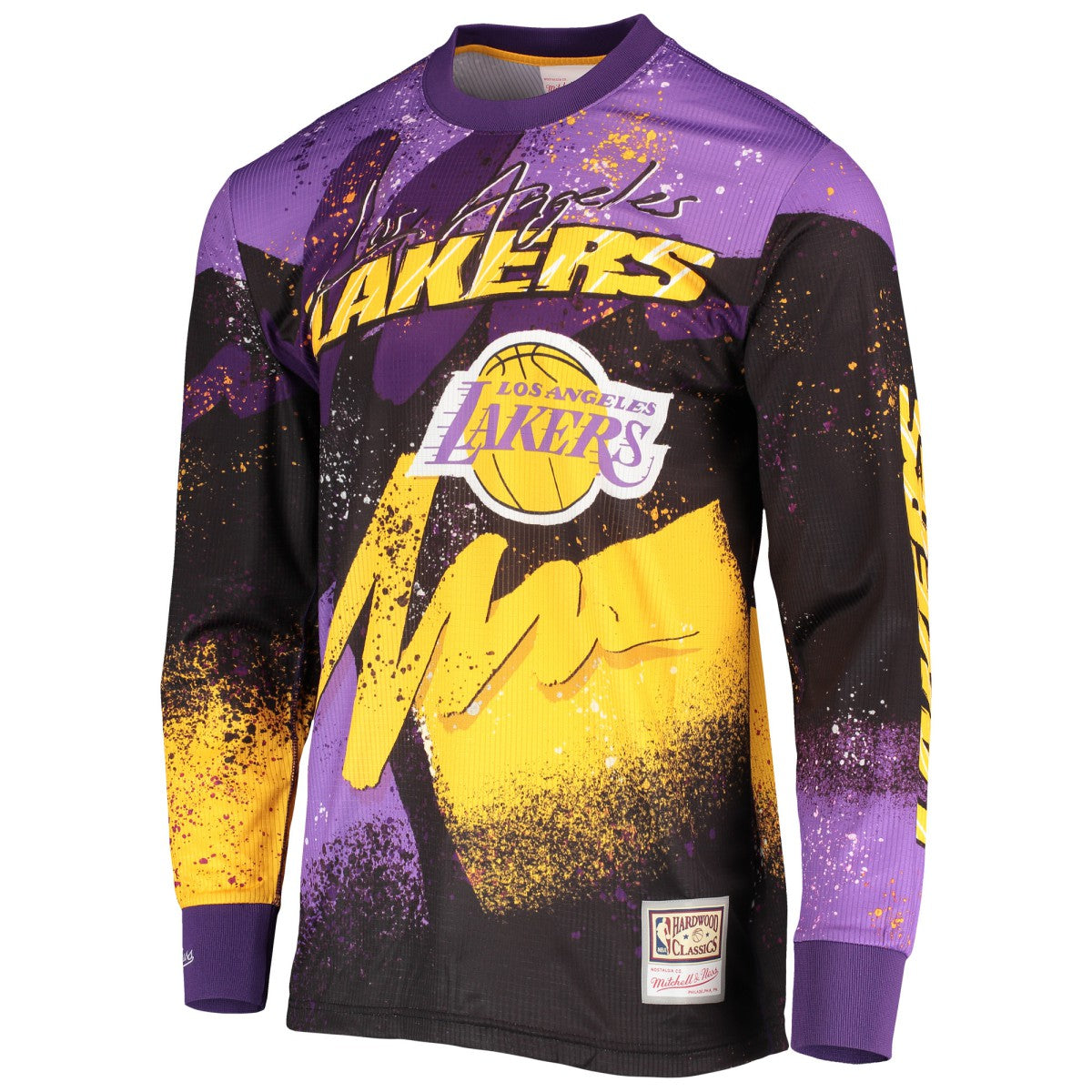 Los Angeles Lakers Hardwood Classics Hyper Hoops Moto Sublimated Long Sleeve T-Shirt - Purple on sale