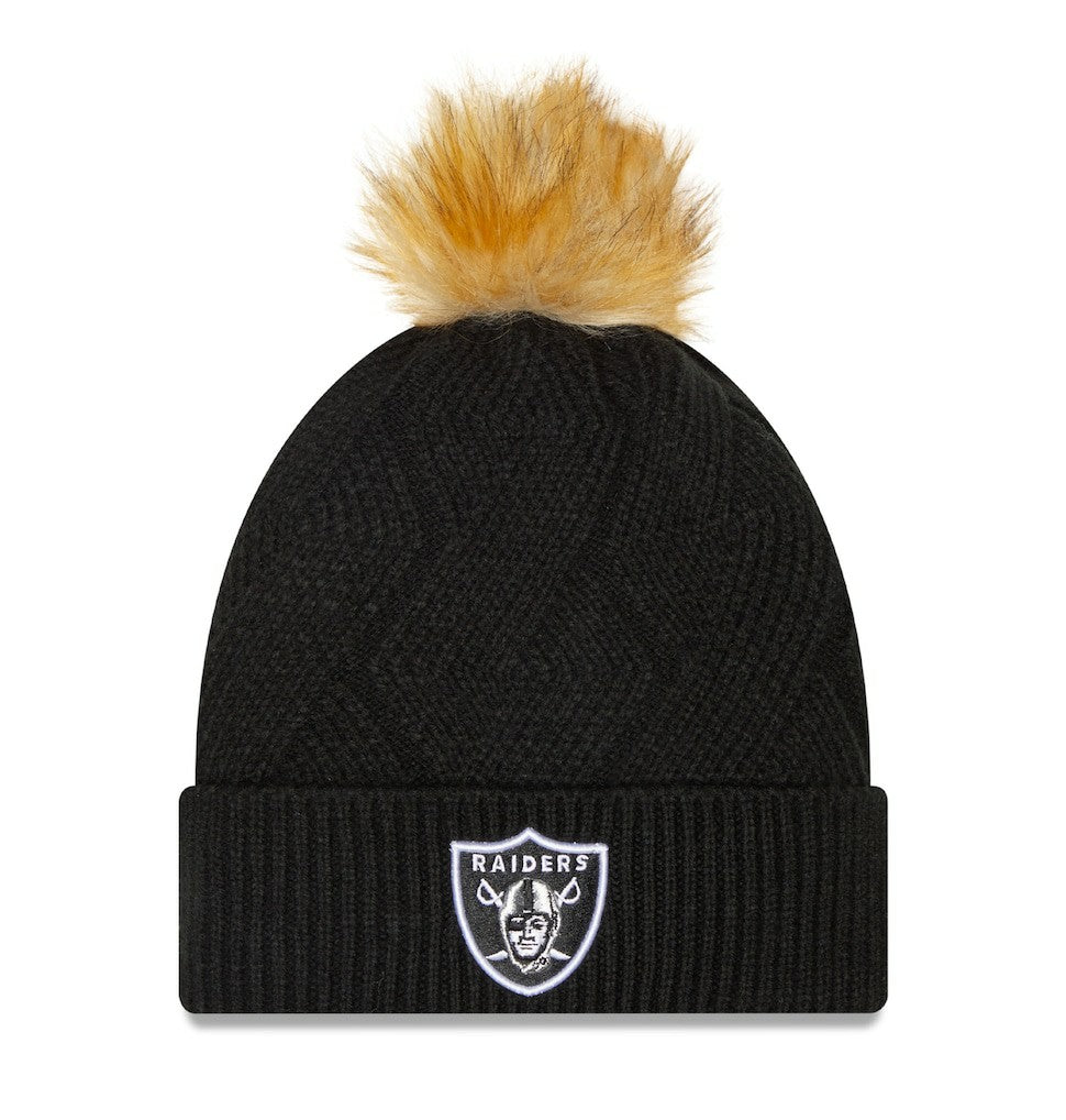 Las Vegas Raiders New Era Women's Snowy Cuffed Knit Hat with Pom - Black on sale
