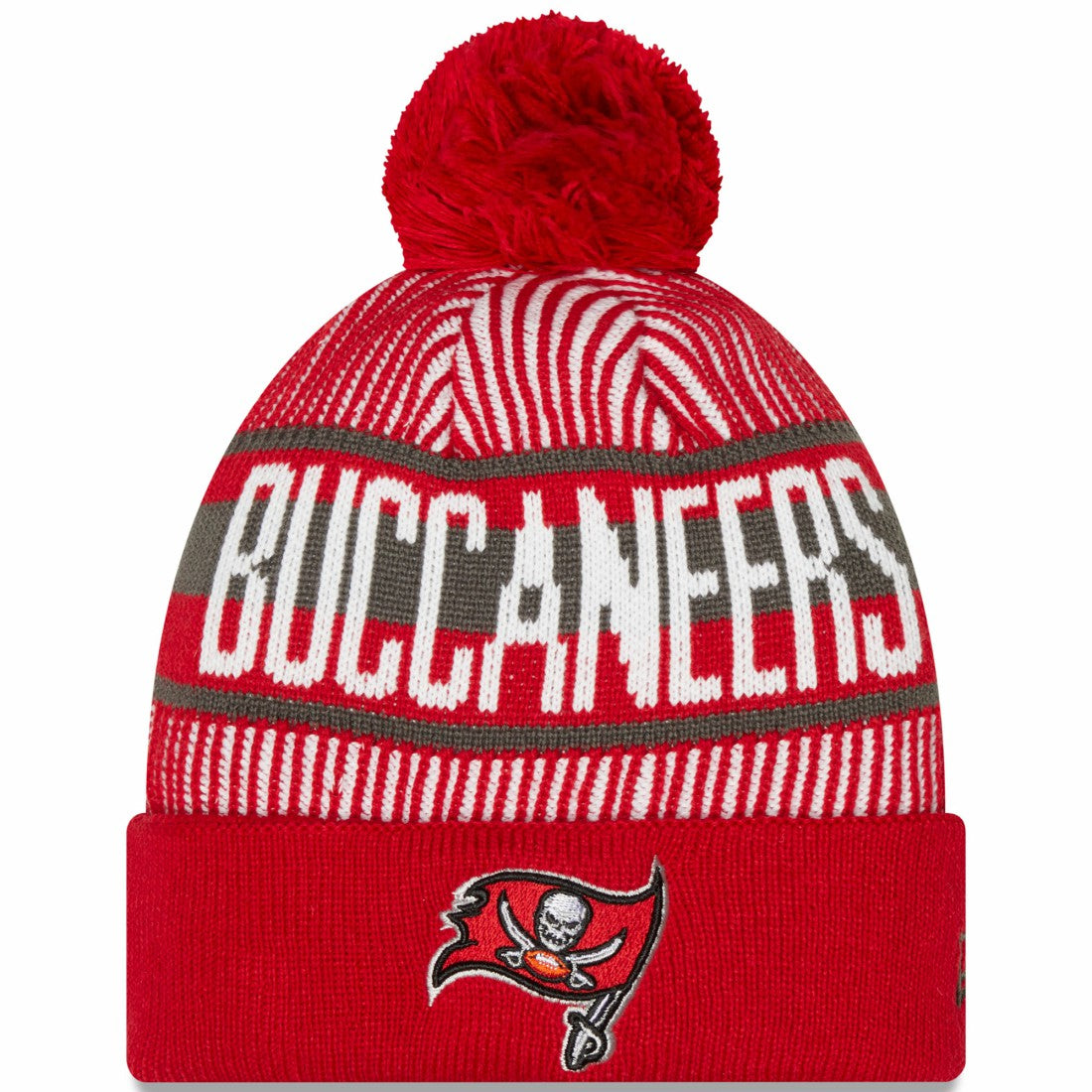 Tampa Bay Buccaneers New Era Striped Cuffed Knit Hat with Pom - Red sale