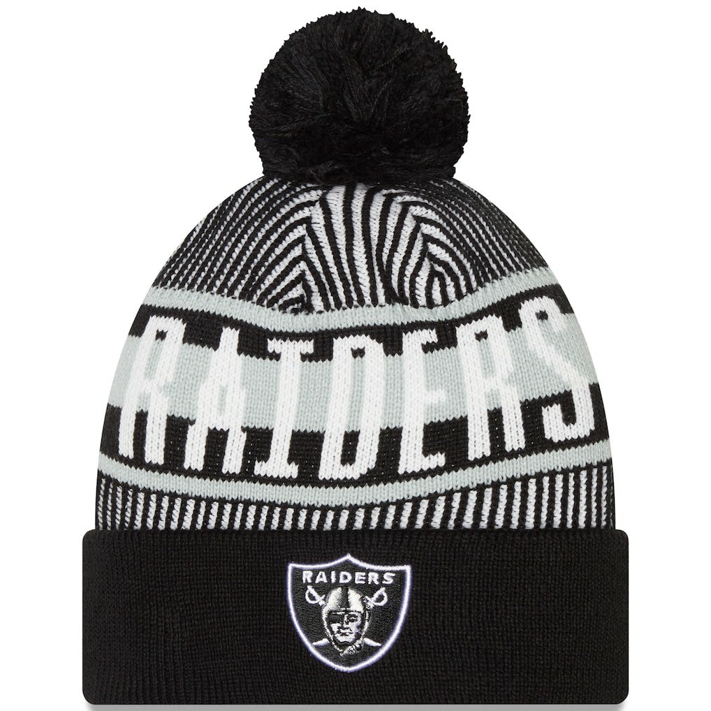 Las Vegas Raiders New Era Striped Cuffed Knit Hat with Pom - Black cheap