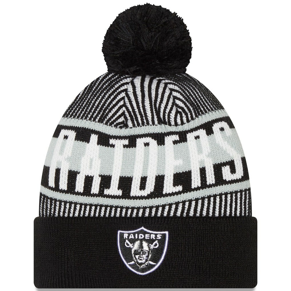 Las Vegas Raiders New Era Striped Cuffed Knit Hat with Pom - Black cheap