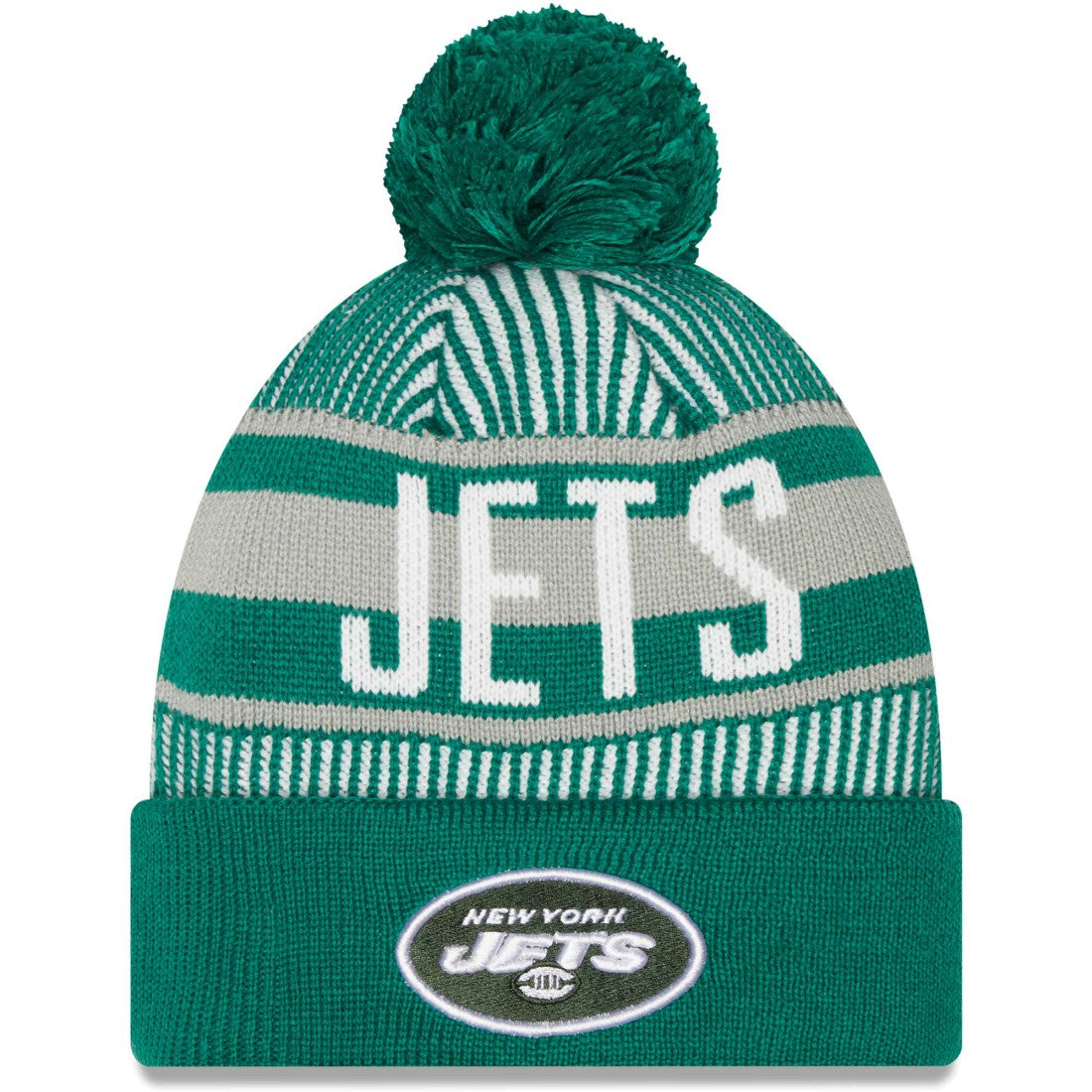 New York Jets New Era Striped Cuffed Knit Hat with Pom - Green discount