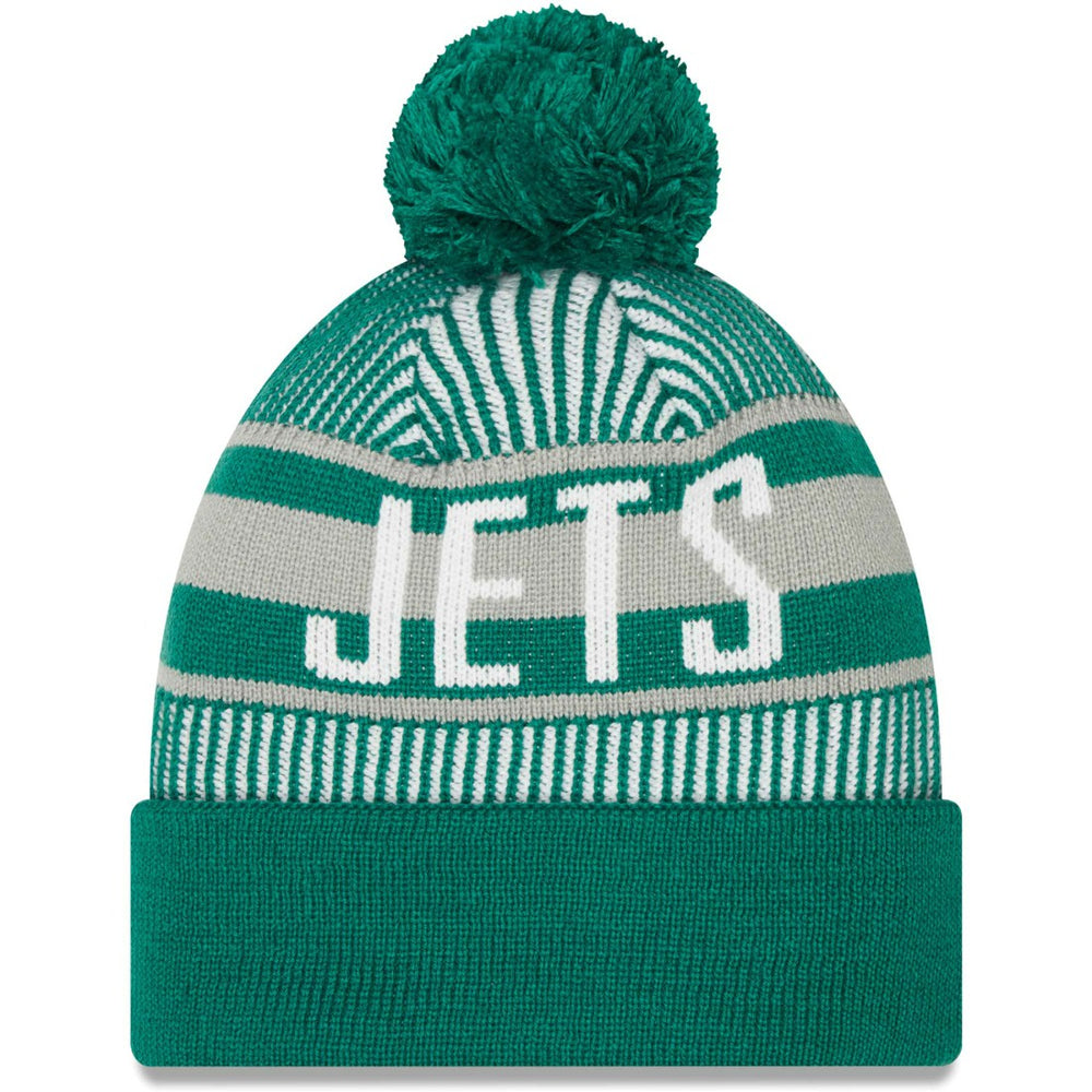 New York Jets New Era Striped Cuffed Knit Hat with Pom - Green discount