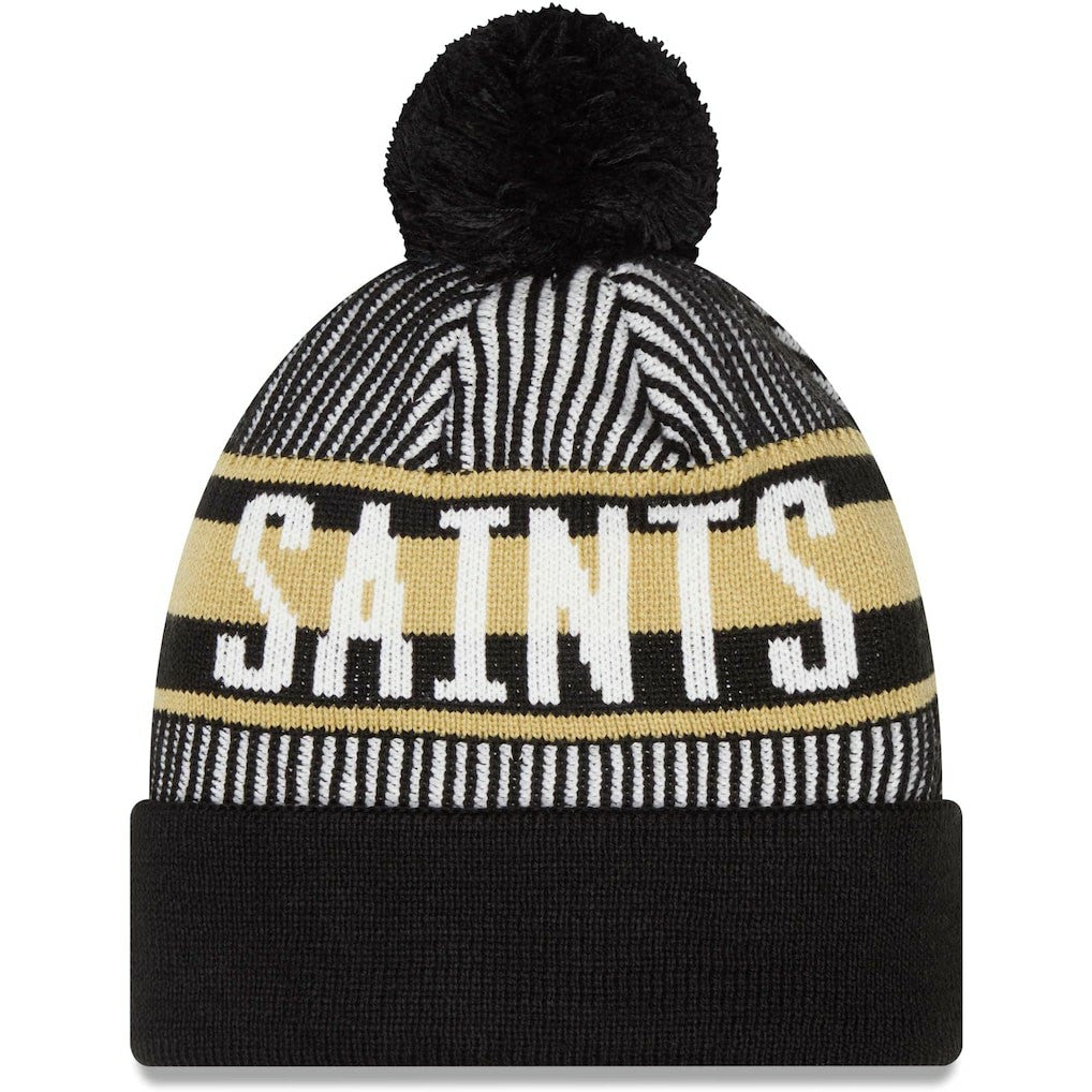 New Orleans Saints New Era Striped Cuffed Knit Hat with Pom - Black for sale