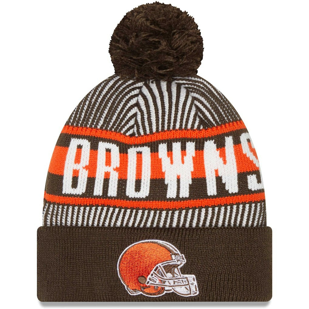 Cleveland Browns New Era Striped Cuffed Knit Hat with Pom - Brown for sale