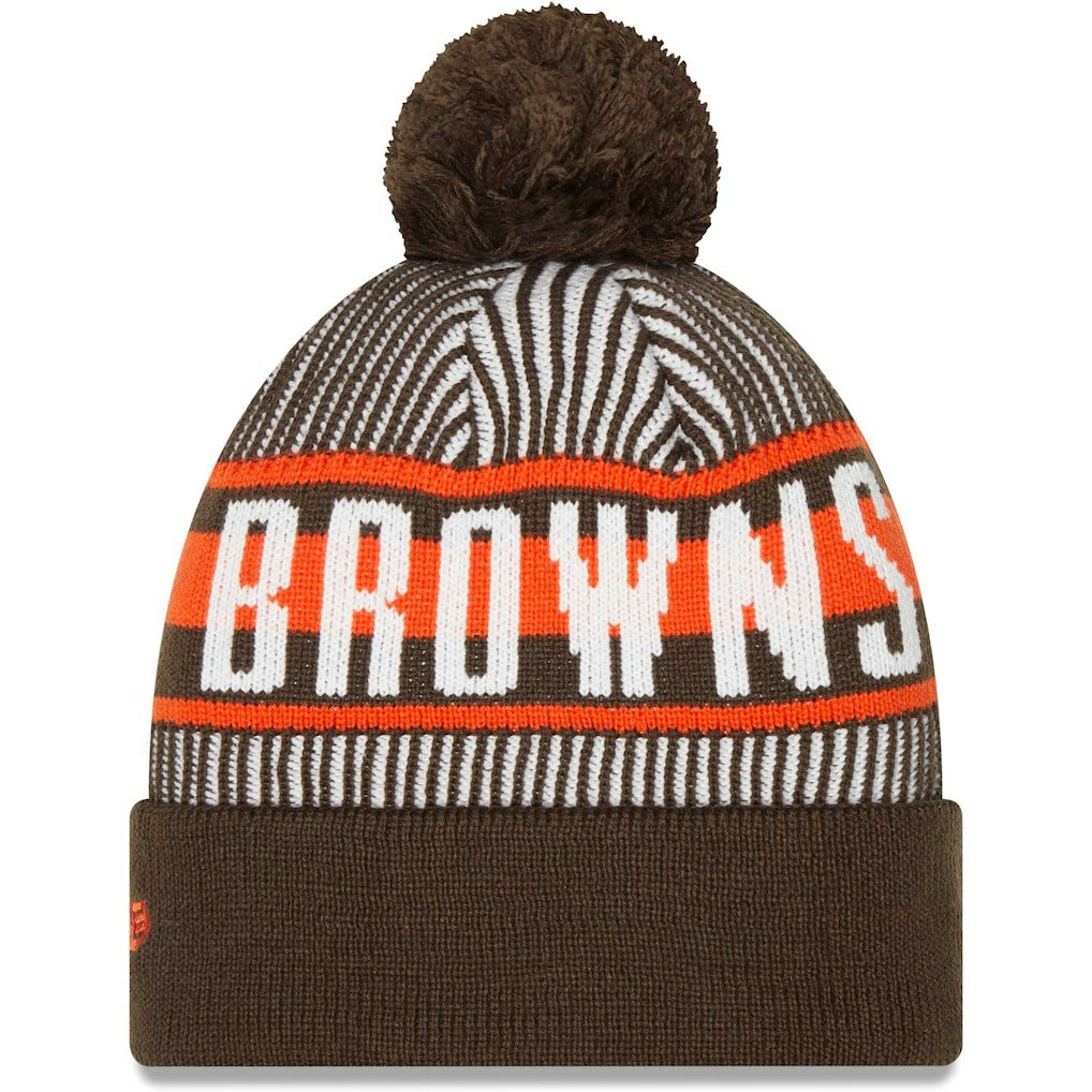 Cleveland Browns New Era Striped Cuffed Knit Hat with Pom - Brown for sale