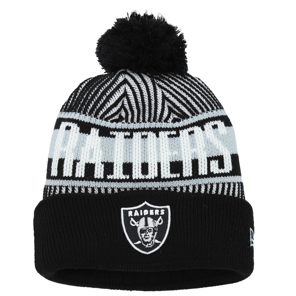 Las Vegas Raiders New Era Youth Striped Cuffed Knit Hat with Pom - Black outlet