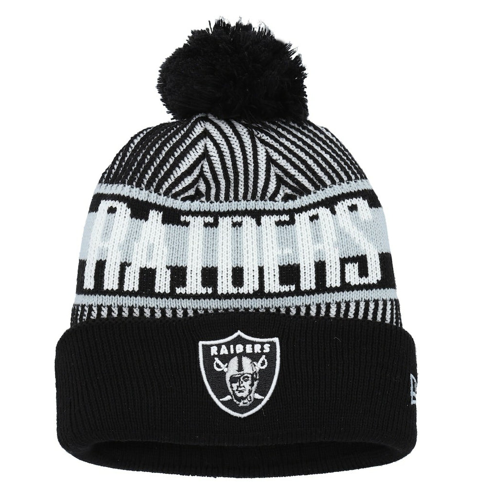 Las Vegas Raiders New Era Youth Striped Cuffed Knit Hat with Pom - Black outlet