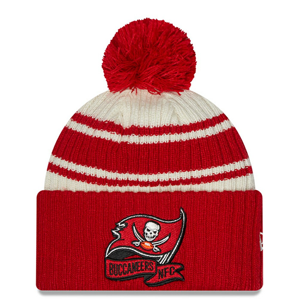 Tampa Bay Buccaneers New Era 2022 Sideline Sport Cuffed Pom Knit Hat - Cream/Red outlet