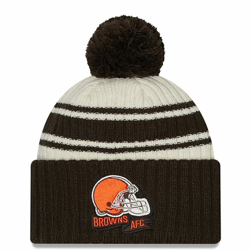 Cleveland Browns New Era Youth 2022 Sideline Sport Cuffed Pom Knit Hat - Cream/Brown for sale
